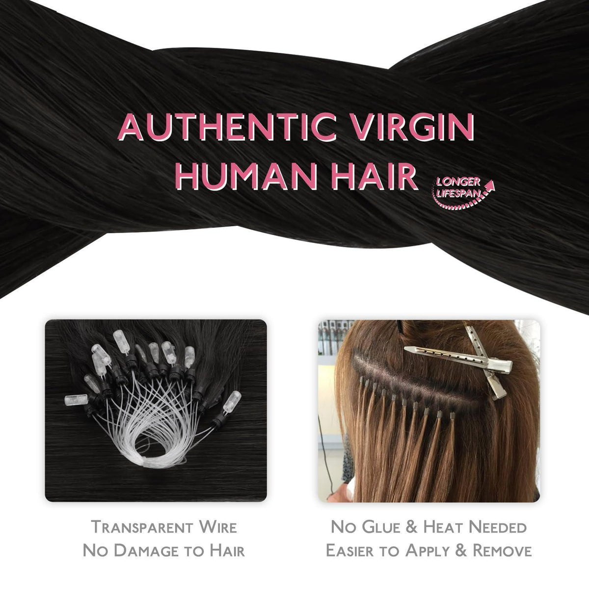 Echthaar Microring Extensions Schwarz 50g – Remy Haarverlängerung