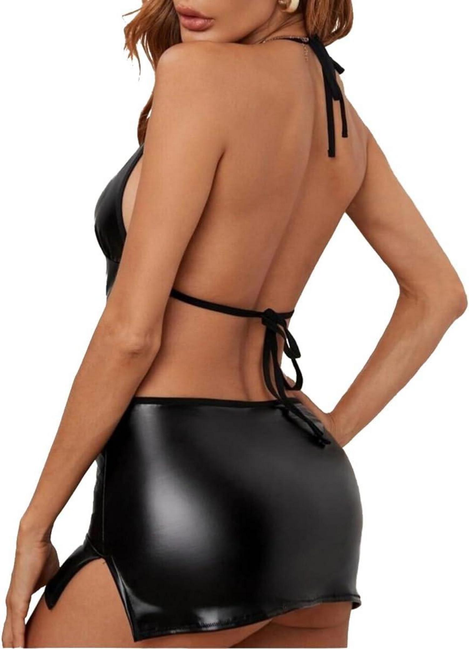 Damen Sexy Leder Wetlook Partykleid V-Ausschnitt Neckholder Minikleid