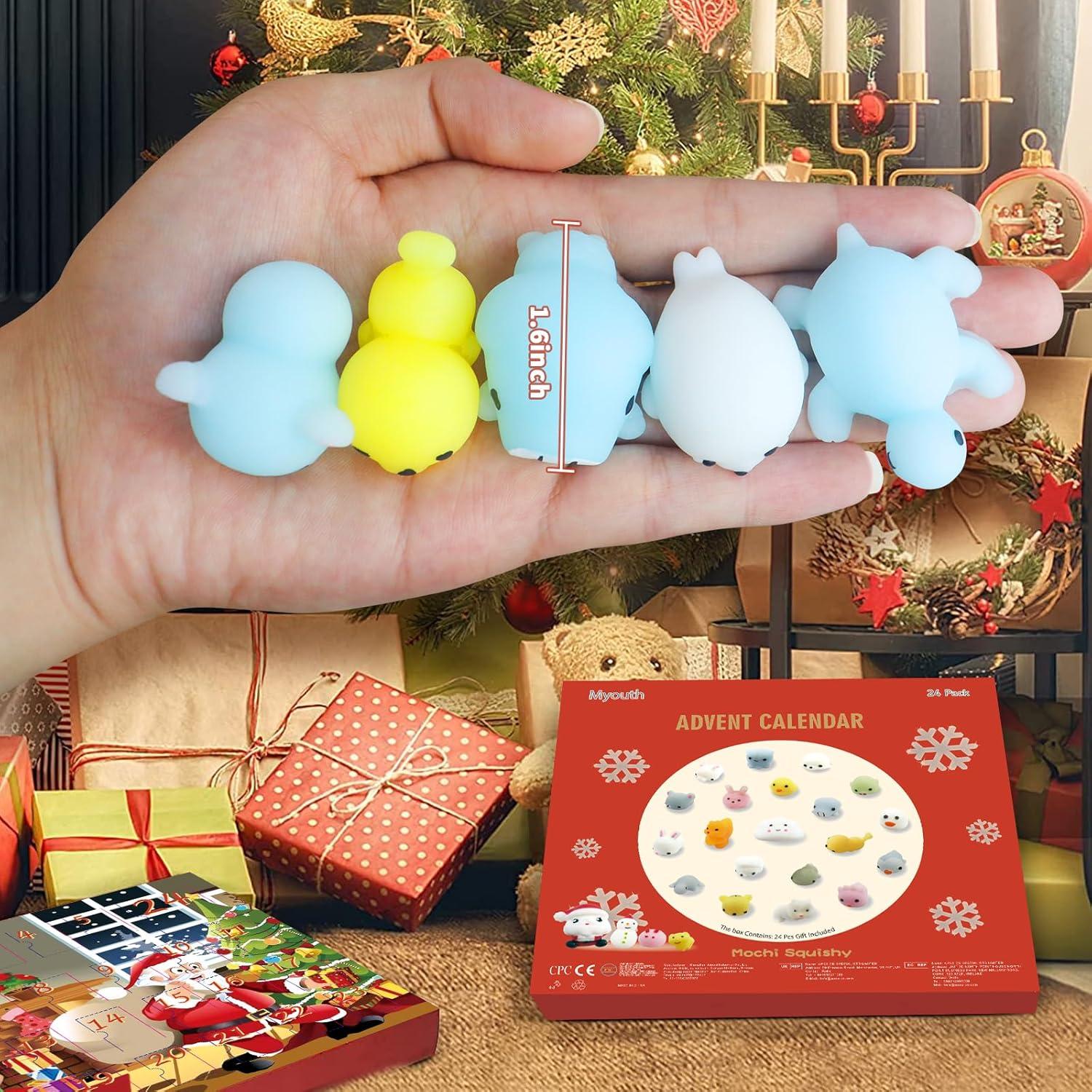 Adventskalender 2024: 24 Tage Weihnachts Mochi Squishies Countdown Kalender mit Weihnachtsmann, 24er Set