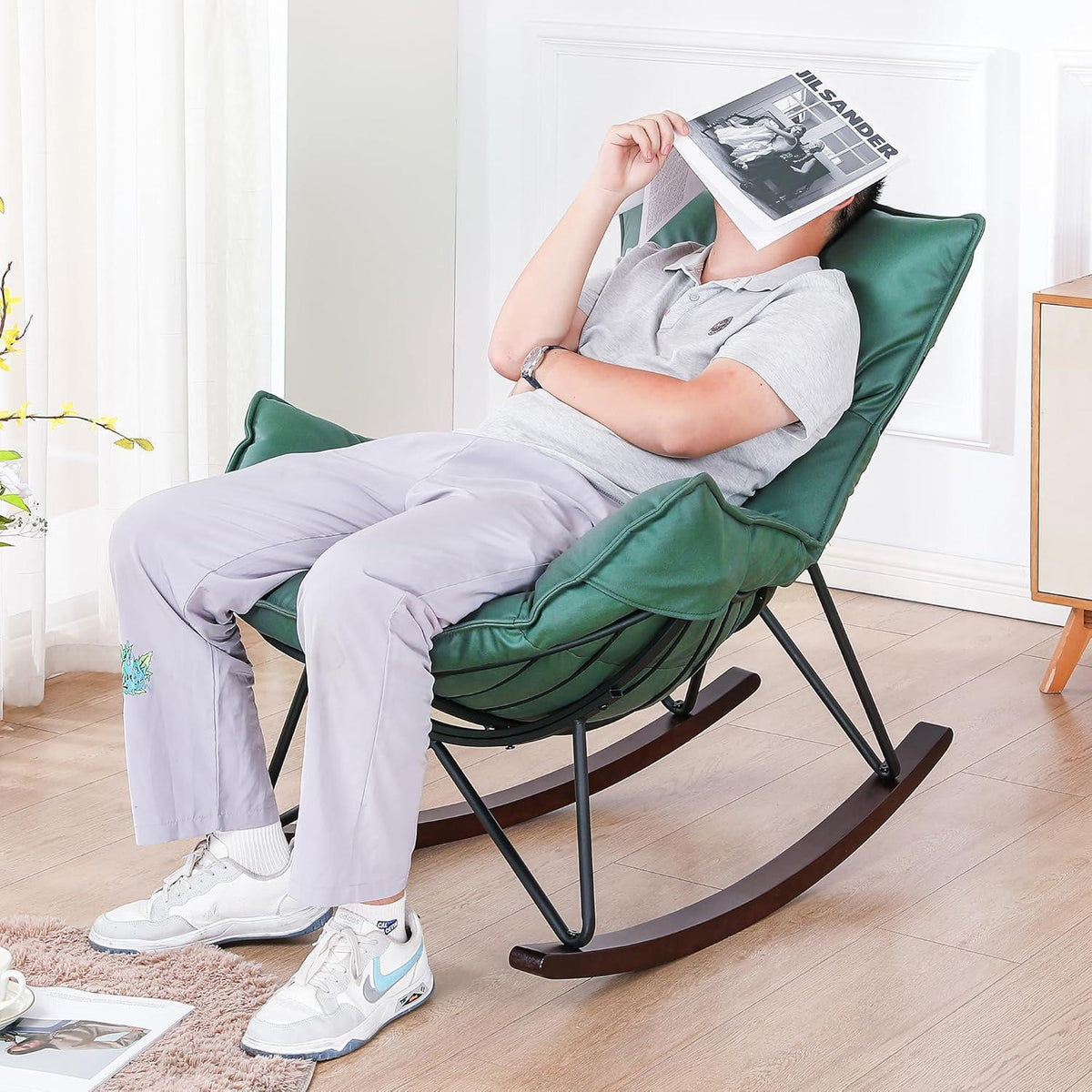 Moderner Schaukelsessel Grün – Bequemer Relaxsessel mit Metallgestell