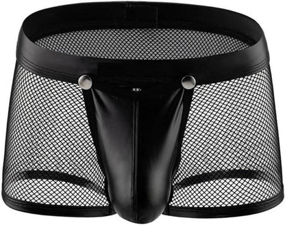 Erotische Leder Boxershorts Schwarz Netz Wetlook für Männer