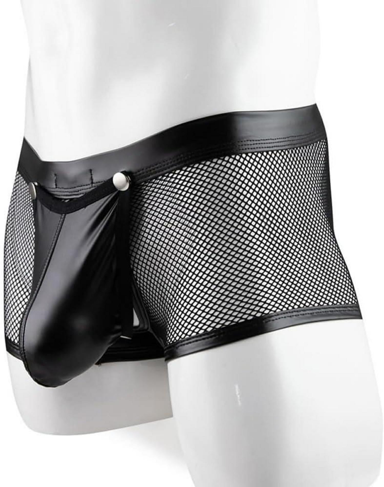 Erotische Leder Boxershorts Schwarz Netz Wetlook für Männer
