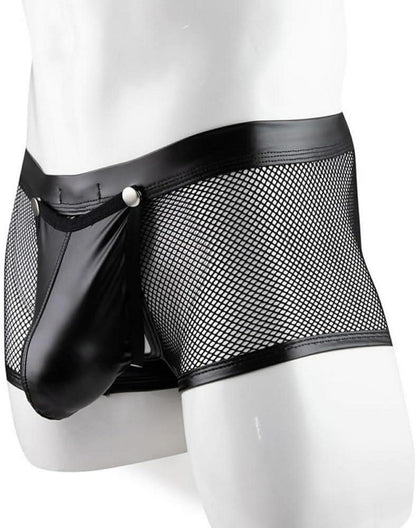 Erotische Leder Boxershorts Schwarz Netz Wetlook für Männer