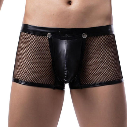 Herren Leder Boxershorts Netz Wetlook Schwarz Erotische Pants Männern Dessous Jockstraps Tanga Ouvert Shorts