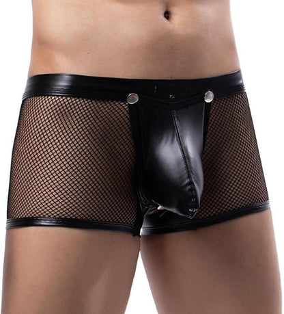 Herren Leder Boxershorts Schwarz Wetlook Netz Sexy Unterwäsche Erotische Pants