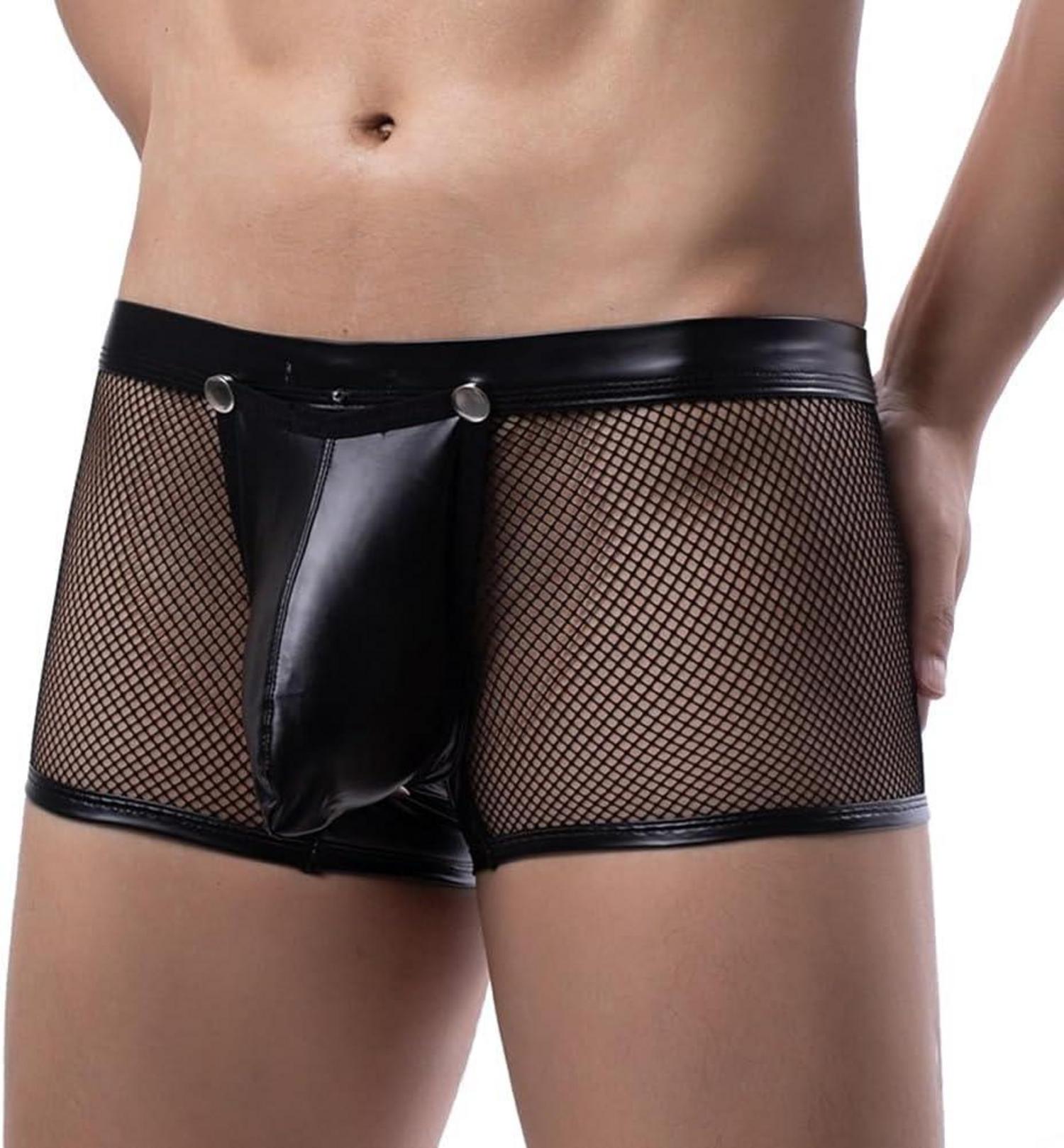 Herren Leder Boxershorts Netz Schwarz Wetlook Erotische Pants