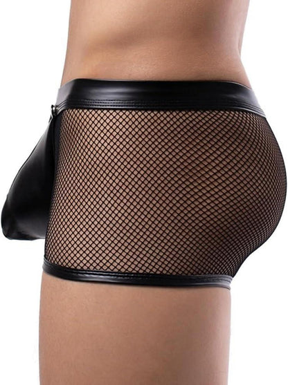 Herren Leder Boxershorts Schwarz Wetlook Netz Sexy Unterwäsche Erotische Pants