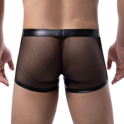 Herren Leder Boxershorts Netz Wetlook Schwarz Erotische Pants Männern Dessous Jockstraps Tanga Ouvert Shorts