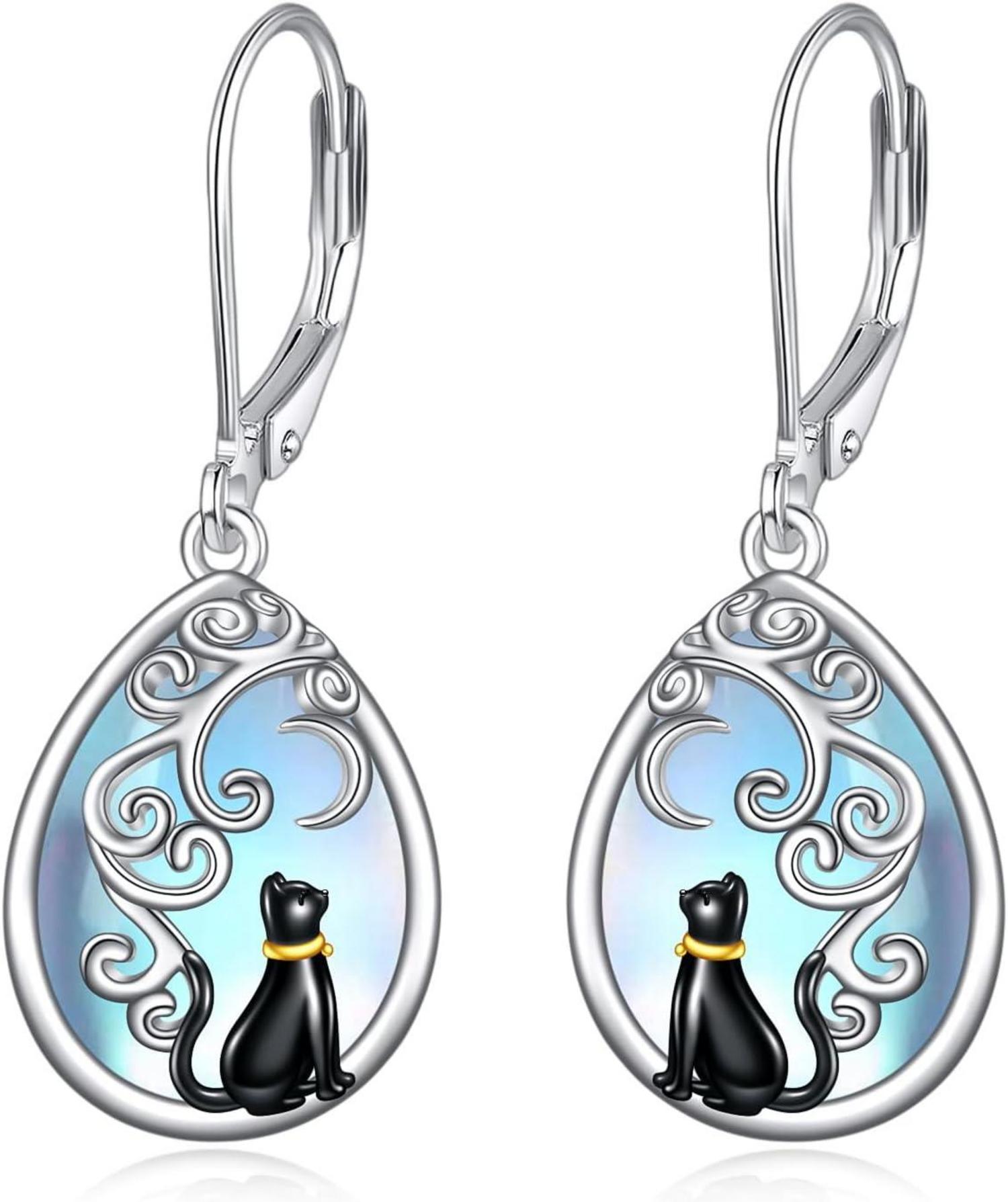 Keltische Mondstein Katze Ohrringe Sterling Silber