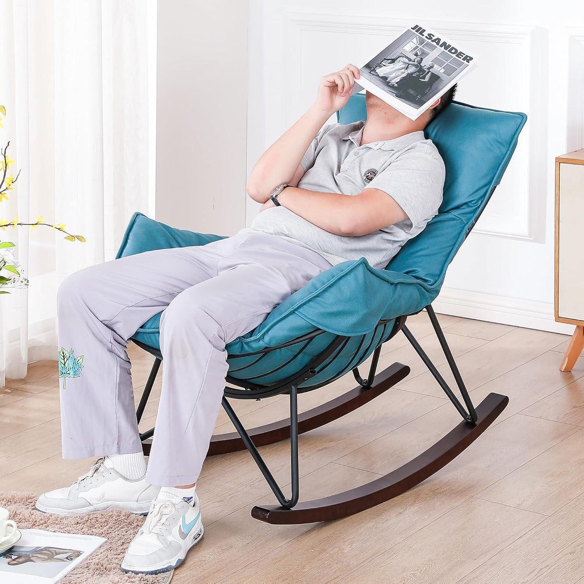 Moderner Schaukelsessel Blau – Bequemer Relaxsessel mit Metallgestell