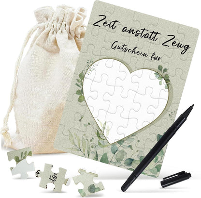 Gutschein Puzzle Zeit anstatt Zeug Baumwoll-Säckchen