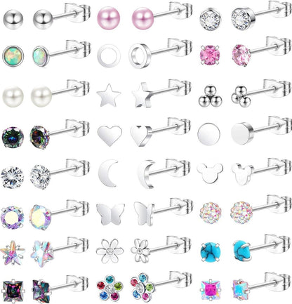 24 Paar Hypoallergene Zirkonia Ohrringe Set Damen Mädchen Silber