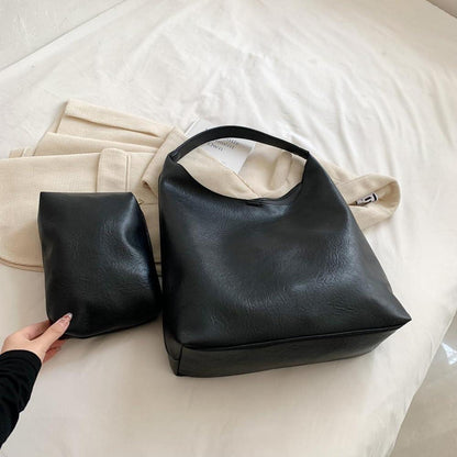 Damen Handtasche Groß Leder Tote Bag Schultertasche mit Geldbörse Schwarz