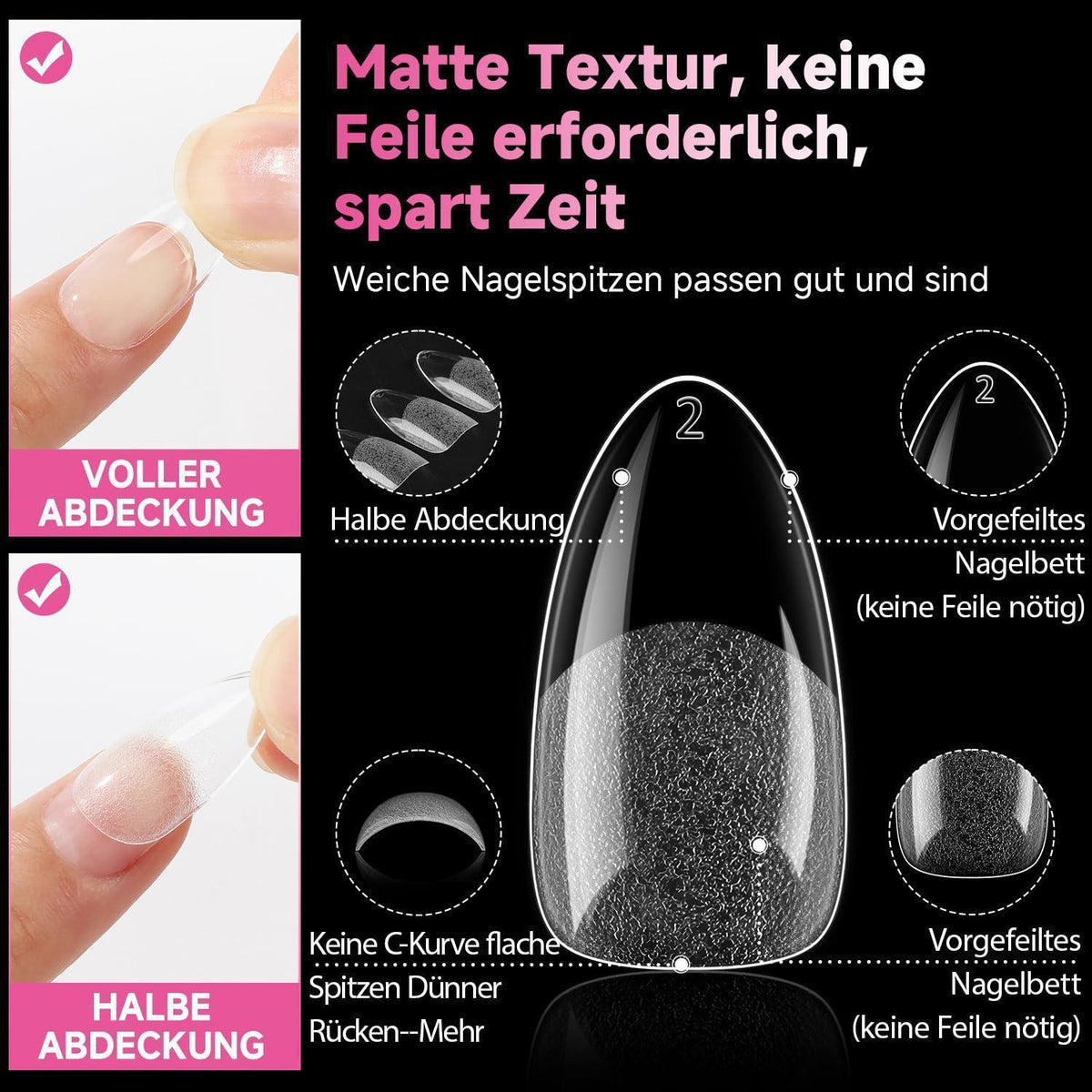 Mandel Gel Nägel 216 Stück – Oval & Almond Full Cover Tips