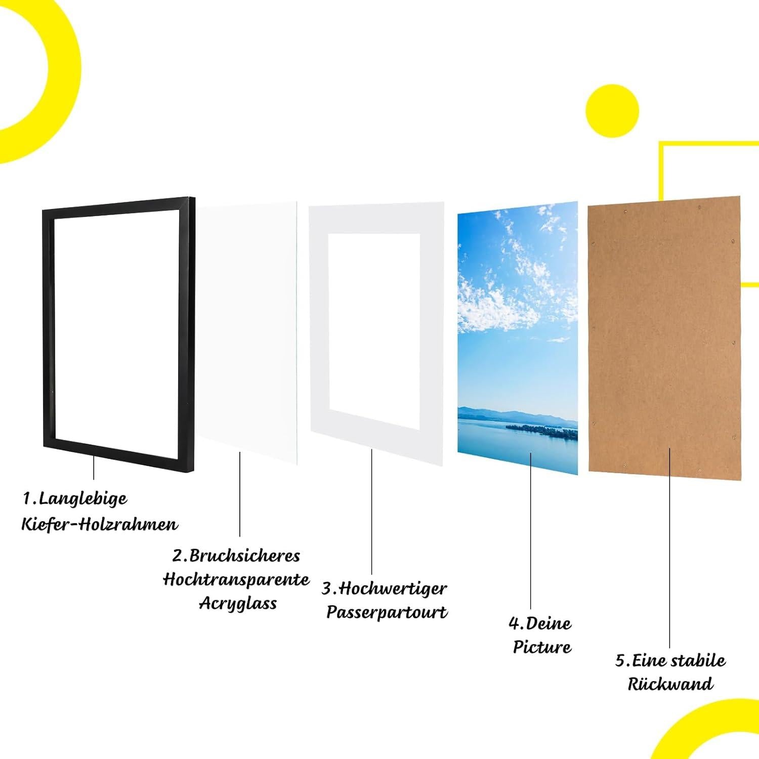 Bilderrahmen 40x60cm Schwarz Massivholz Acrylglas Passepartout