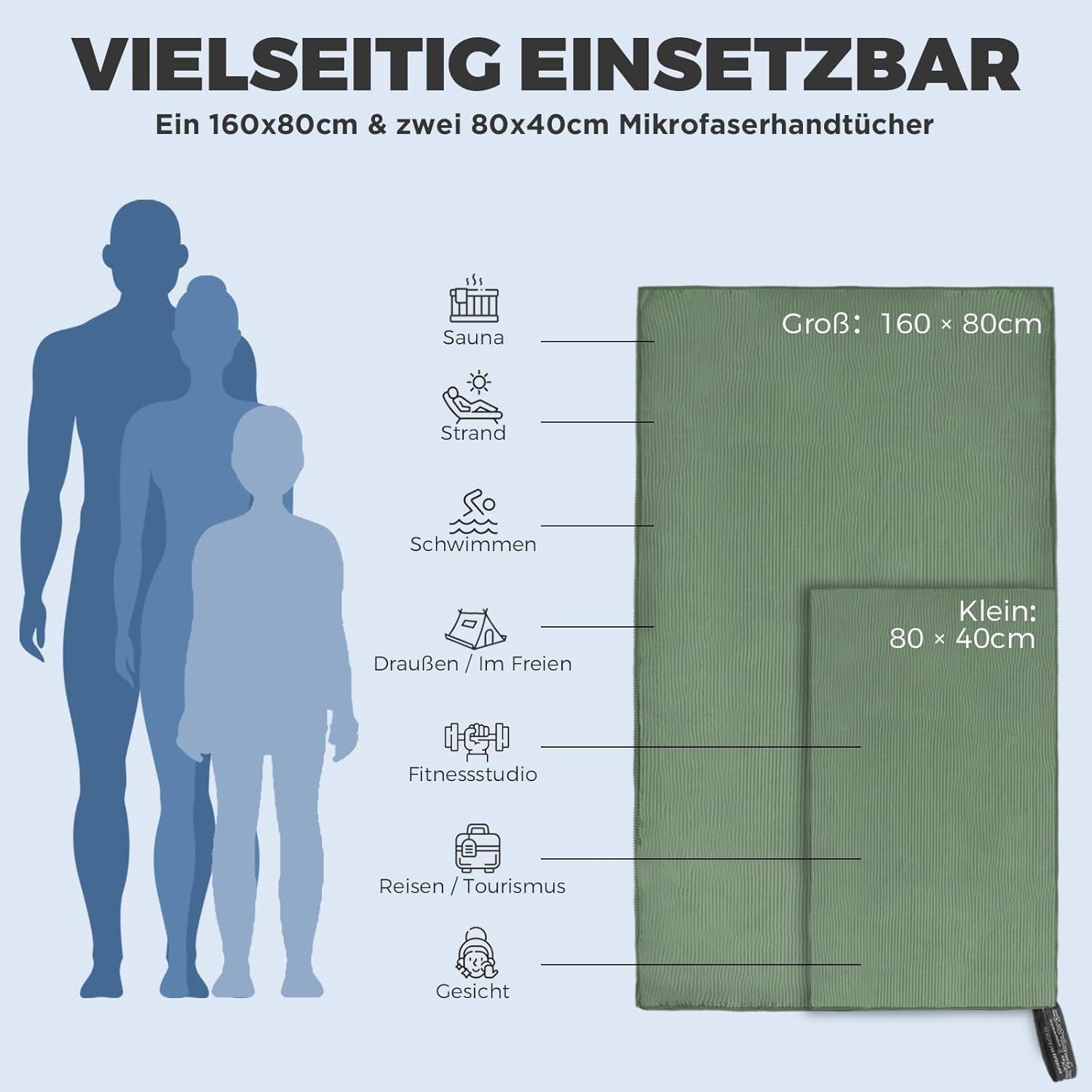Mikrofaser Handtuch Set: Groß 160x80cm, 2 Klein 80x40cm, Schnelltrocknend, für