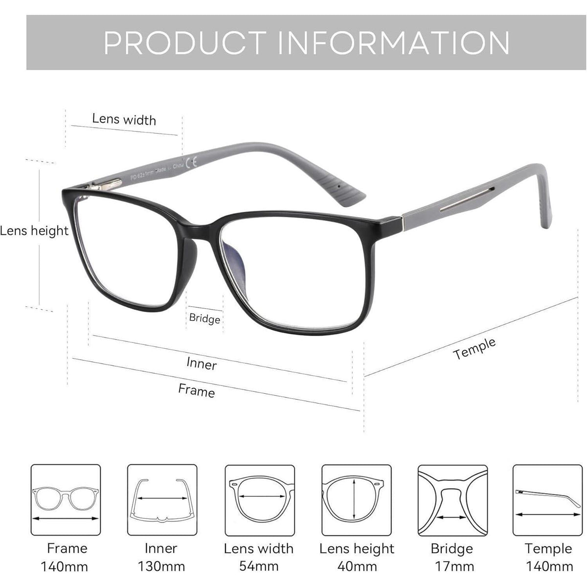 Blaulichtfilter Lesebrille Herren Eckig mit Stärke & UV-Schutz