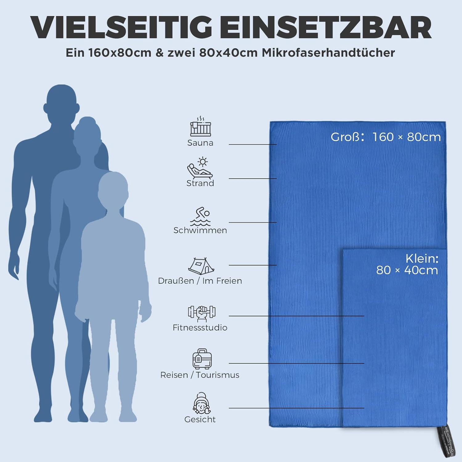 Mikrofaser Handtuch Set: Groß & 2 Klein, Schnelltrocknend, Fitness & Strand