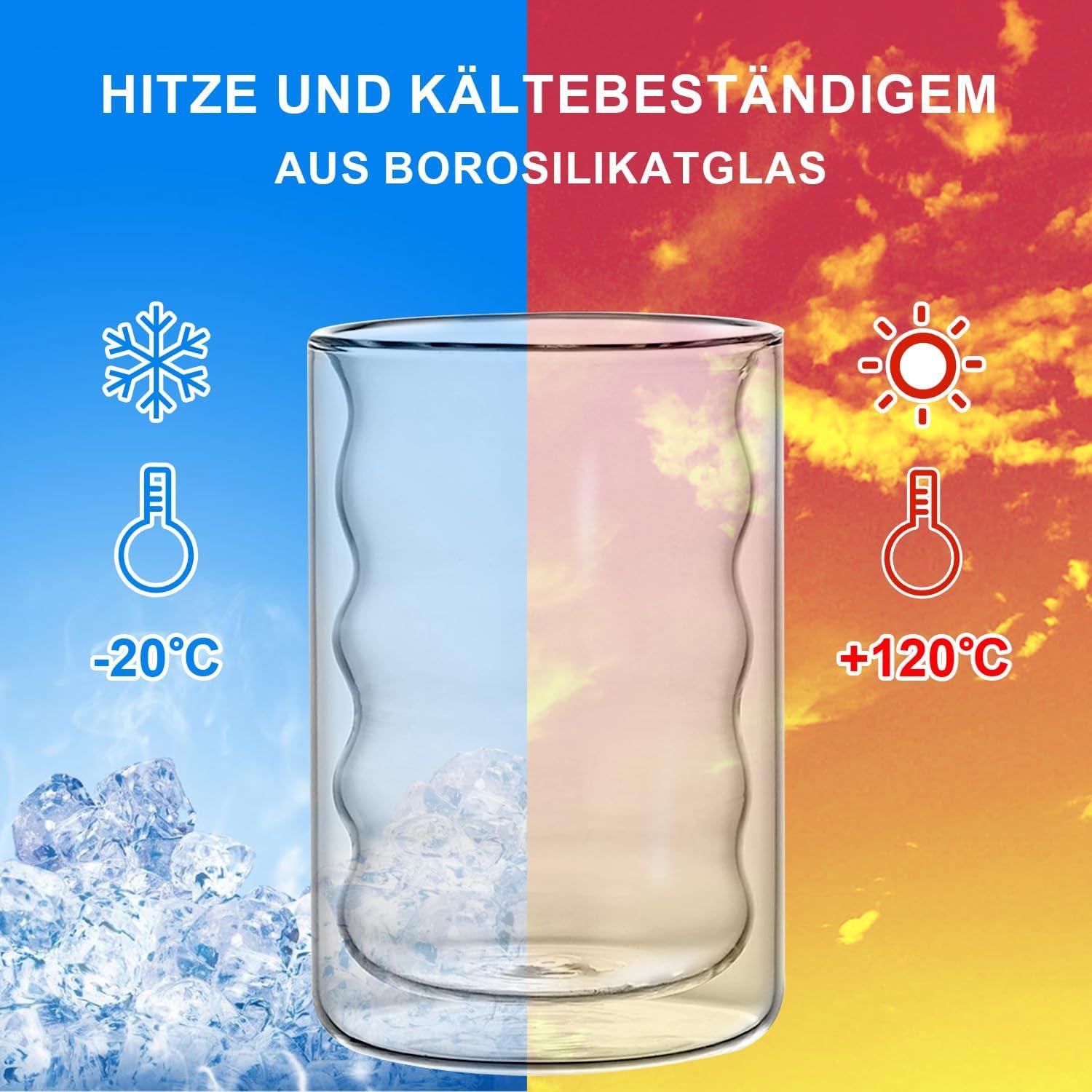 Doppelwandige Latte Macchiato Gläser 400ml 2er Set Borosilikatglas Löffeln
