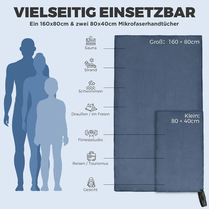Mikrofaser Handtuch Set: Groß 160×80cm & 2 Klein 80×40cm, Marineblau