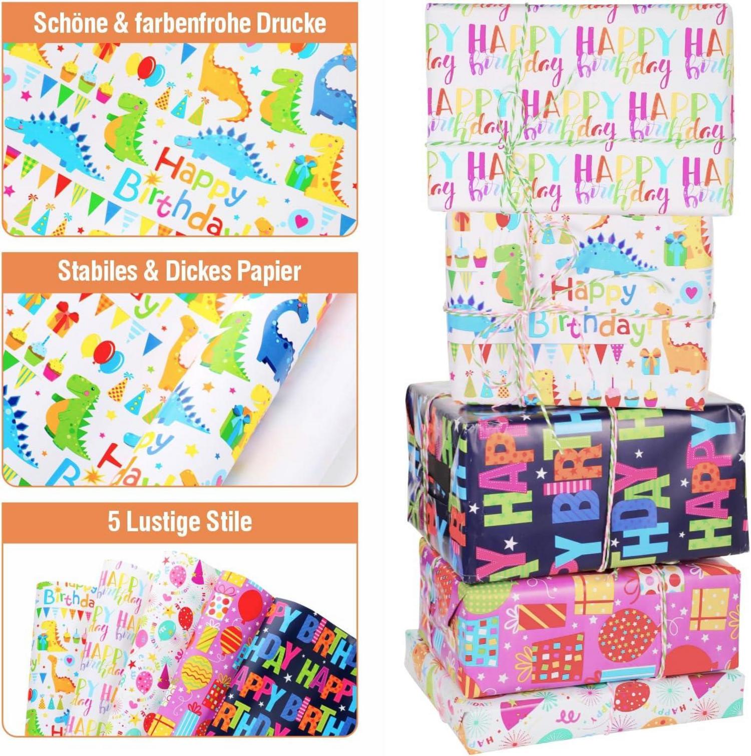 5 Rollen Geschenkpapier - Dinosaurier Geburtstag Kinder - 43cmx3m - Hanfseil & Klebeband