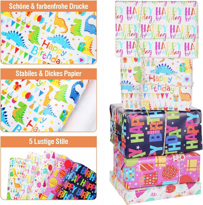 5 Rollen Geschenkpapier - Dinosaurier Geburtstag Kinder - 43cmx3m - Hanfseil & Klebeband