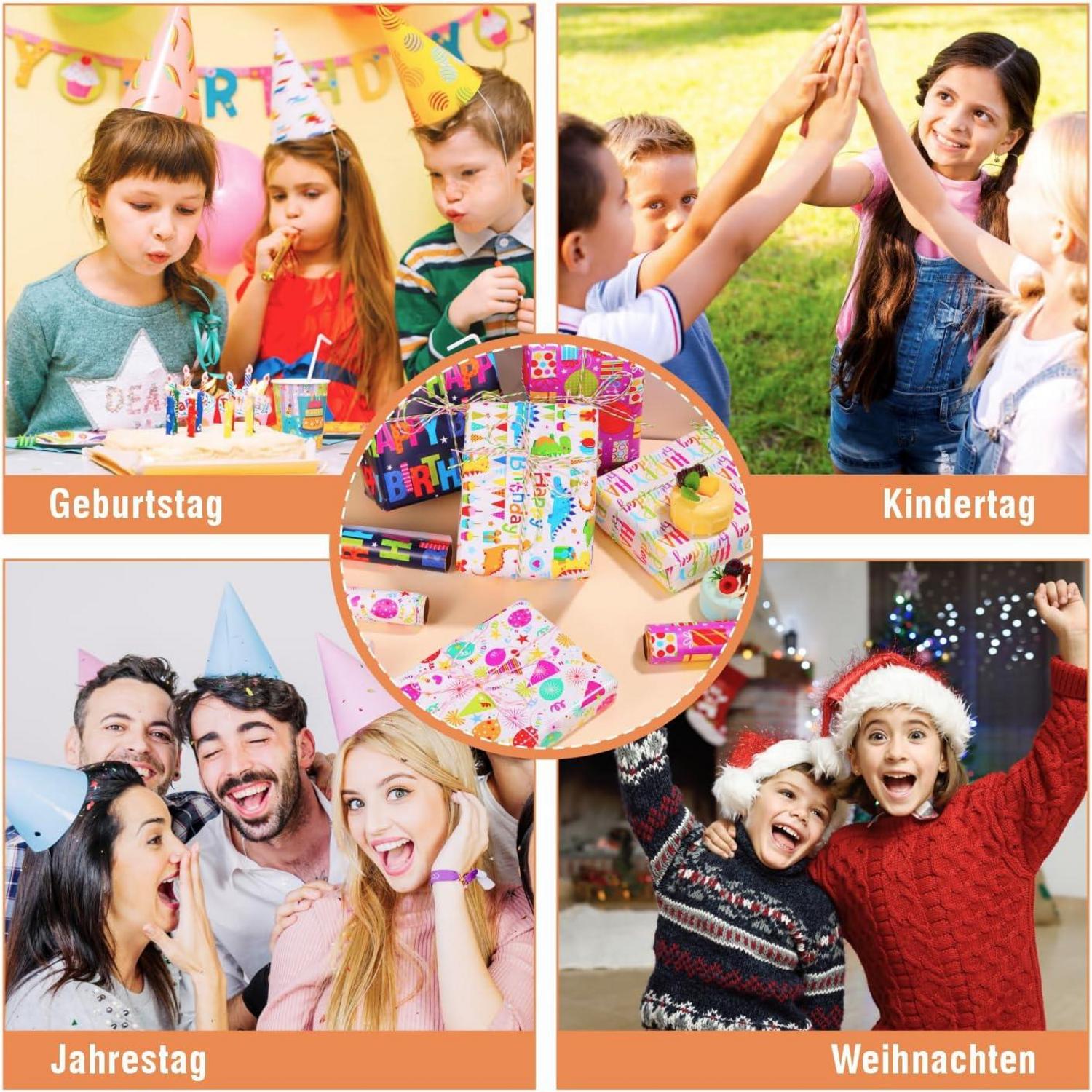 5 Rollen Geschenkpapier - Dinosaurier Geburtstag Kinder - 43cmx3m - Hanfseil & Klebeband