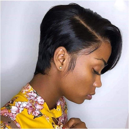 Pixie Cut Echthaar Perücke Schwarz mit Pony 13x4