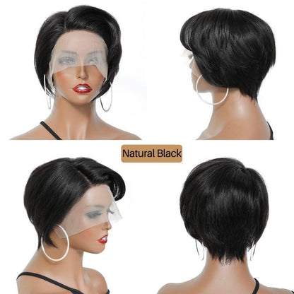 Pixie Cut Echthaar Perücke Schwarz mit Pony 13x4