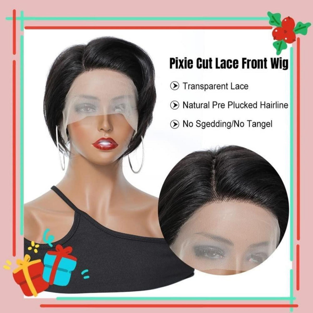 Pixie Cut Echthaar Perücke Schwarz mit Pony 13x4