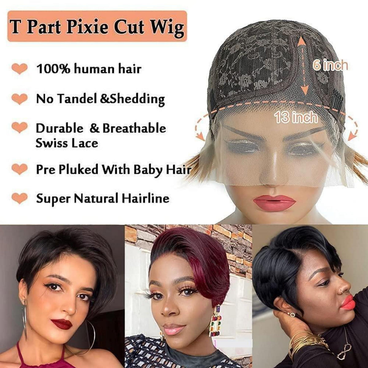 Pixie Cut Echthaar Perücke Schwarz mit Pony 13x4