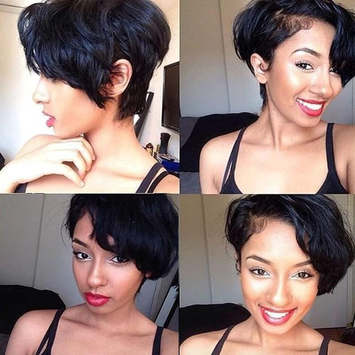 Pixie Cut Echthaar Perücke Schwarz mit Pony 13x4