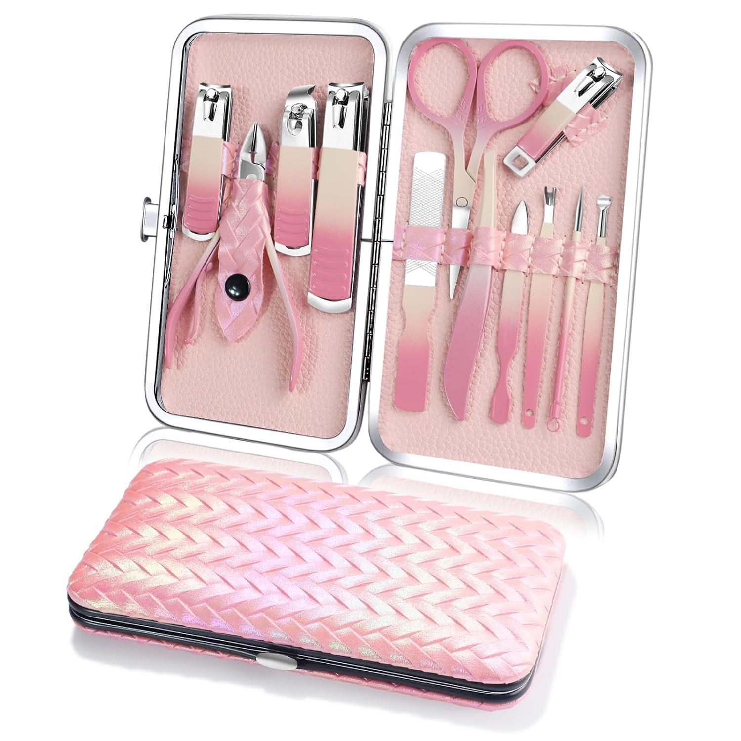 Professionelles 12-teiliges Maniküre Set aus Edelstahl in Rosa