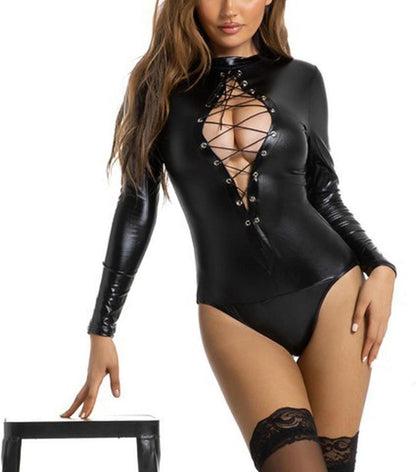 Damen Wetlook PU Leder Bodysuit Reißverschluss Clubwear XL