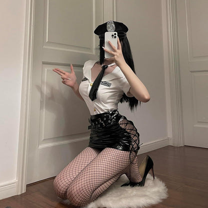 Damen Sexy Polizei Kostüm Set Cosplay 7-teilig Uniform Fasching Halloween Kleidung