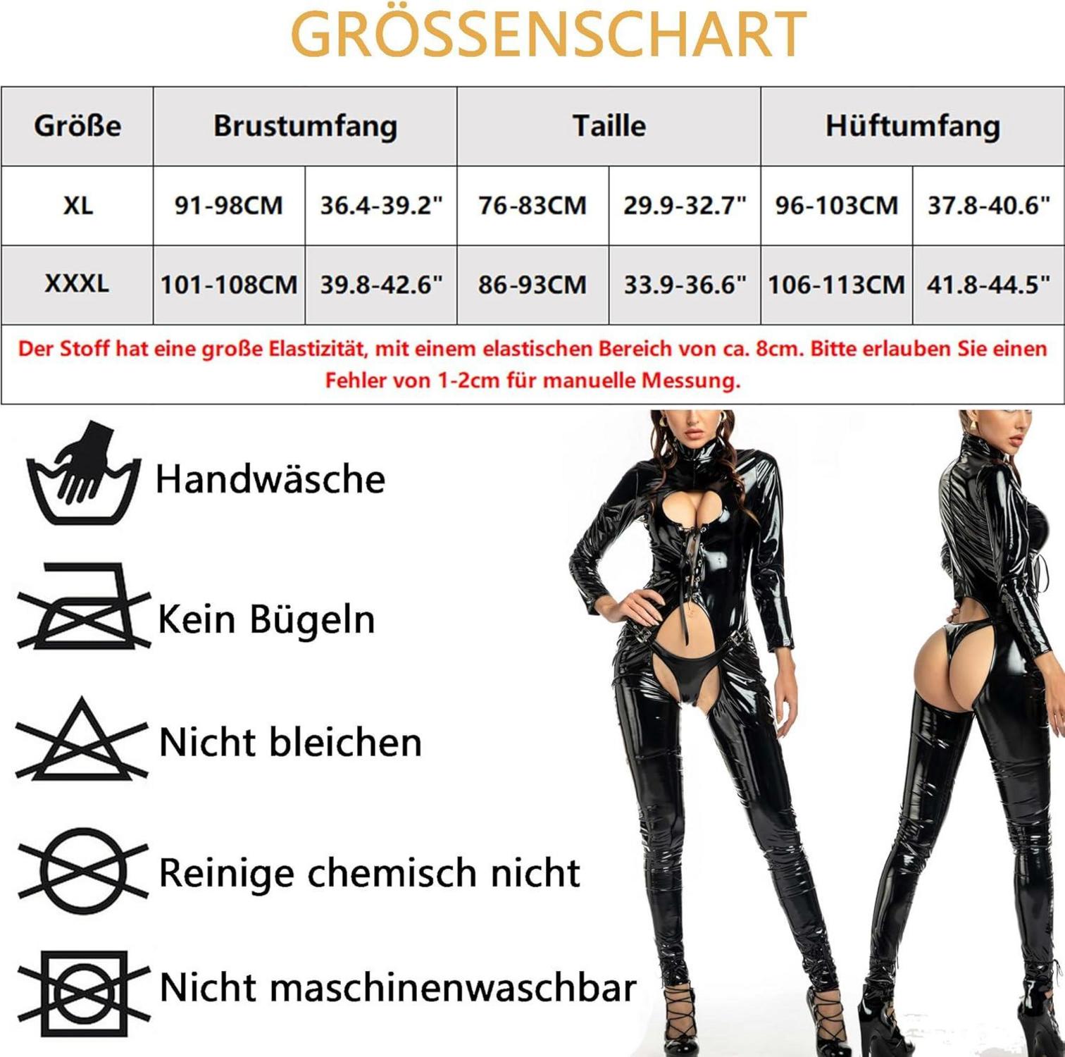 Damen Latex Wetlook Bodysuit Reißverschluss Clubwear XL