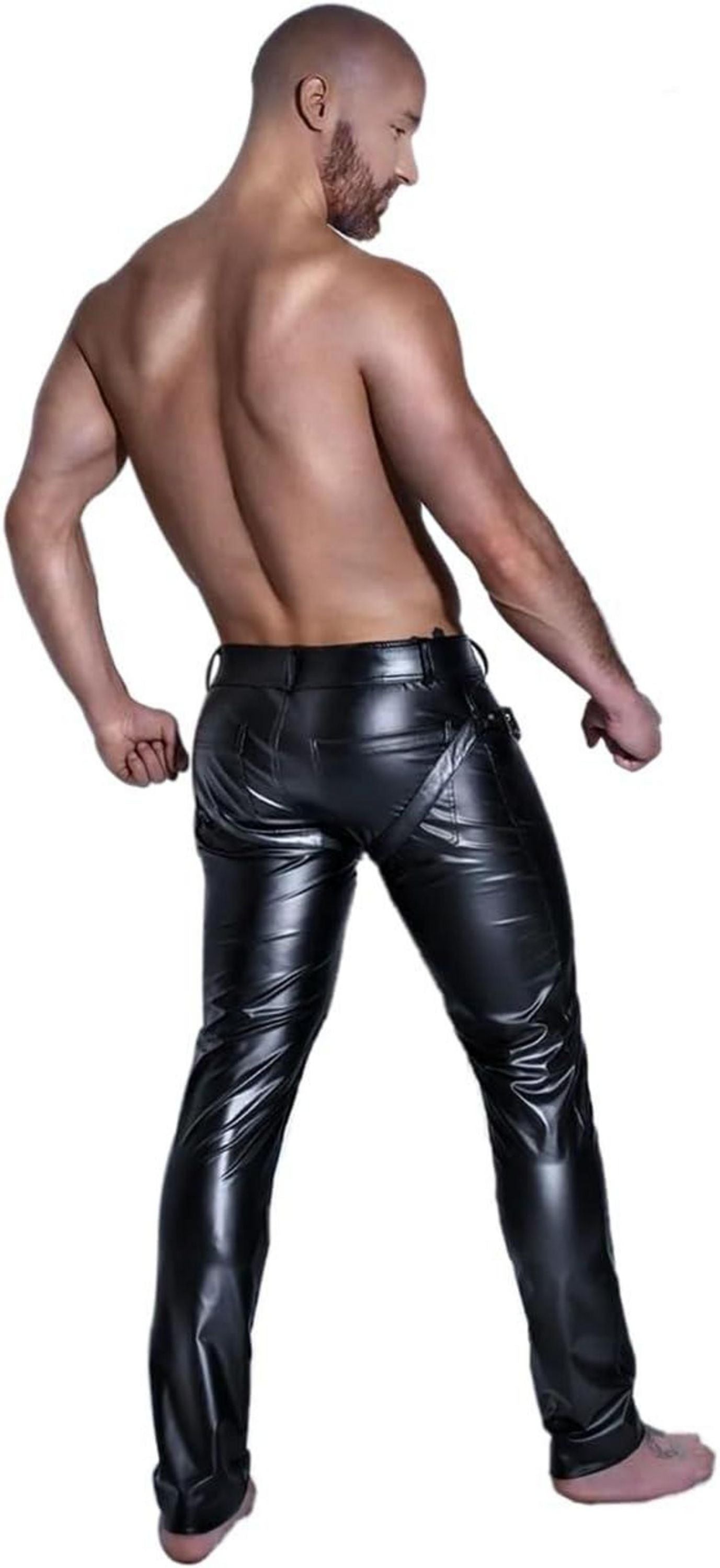 Herren Wetlook Lack Leder Leggings Elastisch Erotik Hose Ouvert XL
