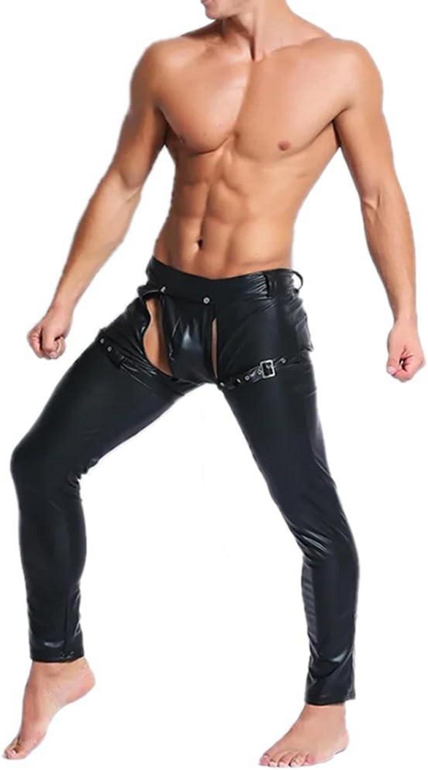 Herren Wetlook Lack Leder Leggings Elastisch Erotik Hose Ouvert XL