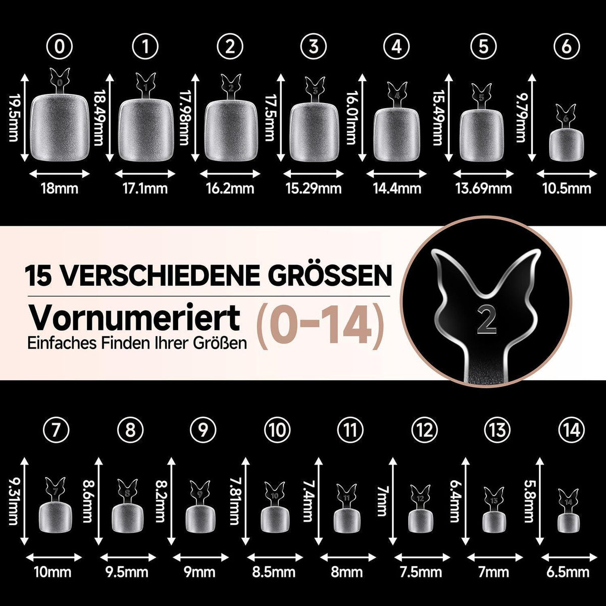Fußnägel zum Aufkleben 216 Stück – 15 Größen, Klar & Quadratisch