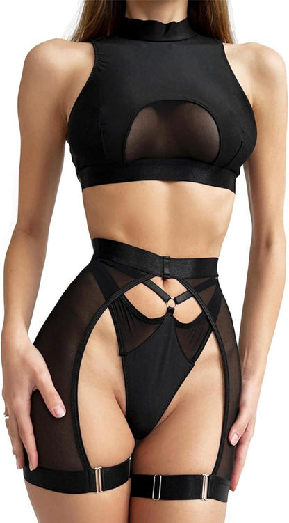 Sexy Gothic Dessous Set 3-teilig Damen Spitzen Reizwäsche