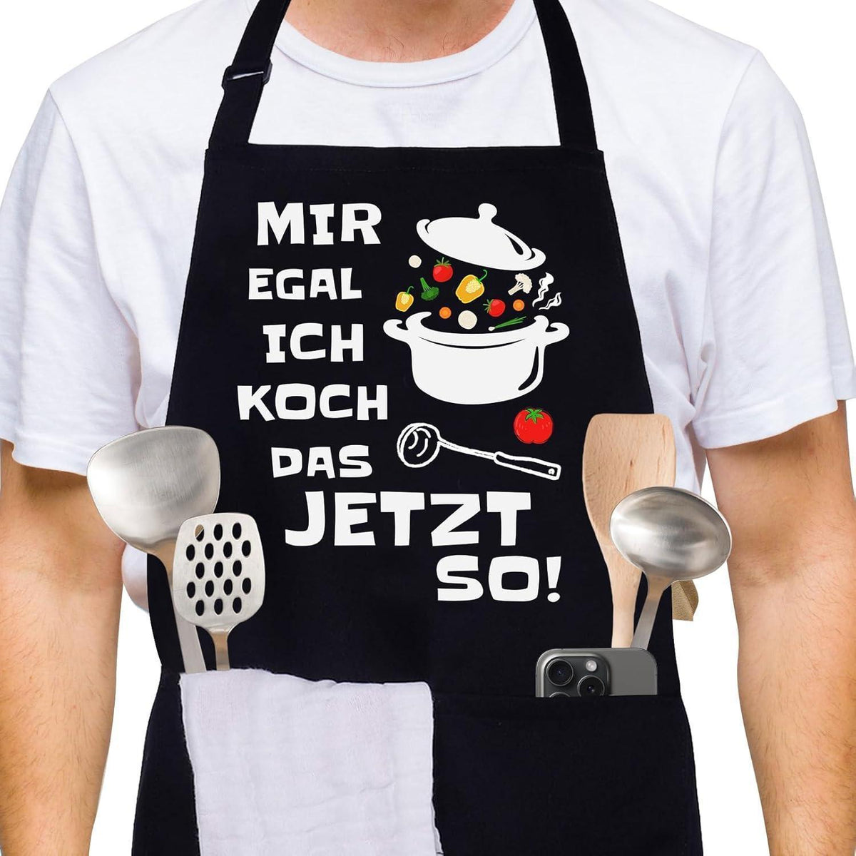 Kochschürze Baumwolle mit Taschen – Herren & Damen, Schwarz