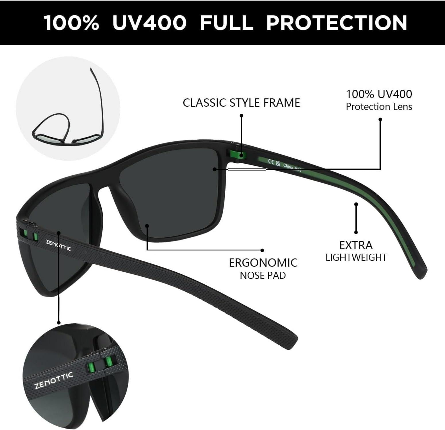 Polarisierte Sonnenbrille Herren TR90 Rahmen UV400 Schutz Schwarz/Grün Gradient