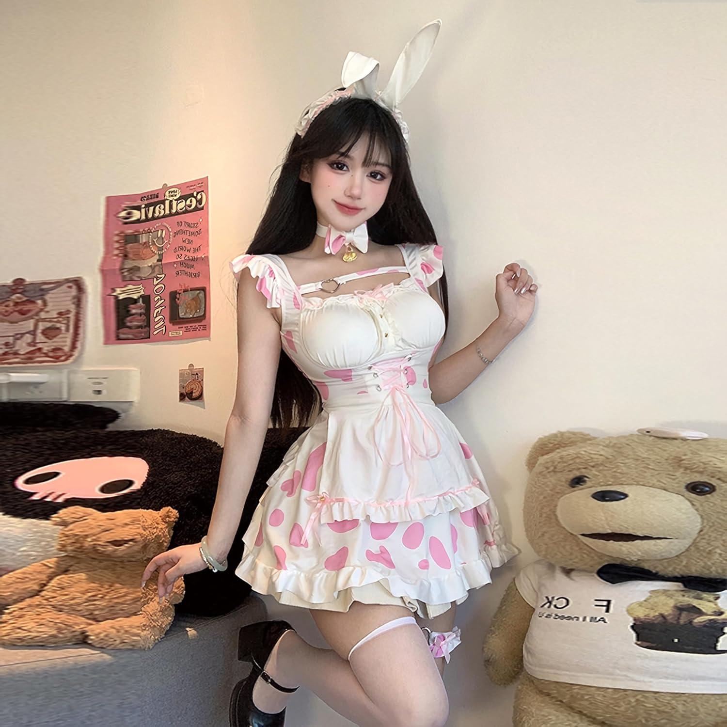 TUYMNI Damen Sexy Bunny Kostüm Cosplay Lolita Set 5-teilig Hasenohren Halsbänder