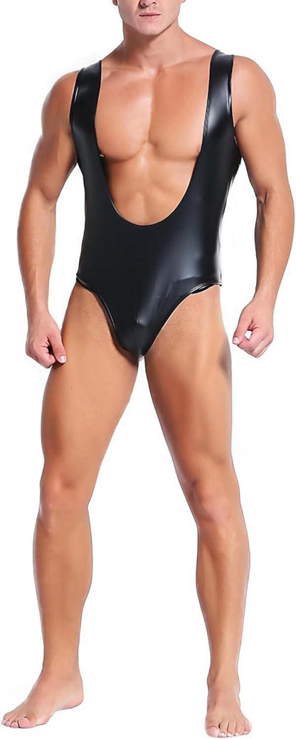 Herren Wetlook Bodysuit Lack Leder Catsuit Erotik Unterwäsche