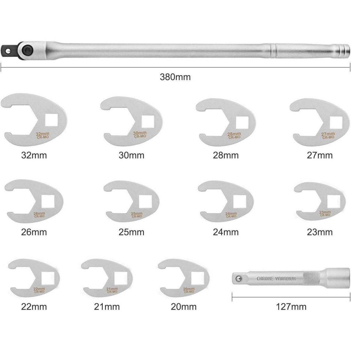 Hahnenfußschlüssel-Satz 13-tlg. 1/2" Antrieb Metrisch 20-32mm mit Verlängerung