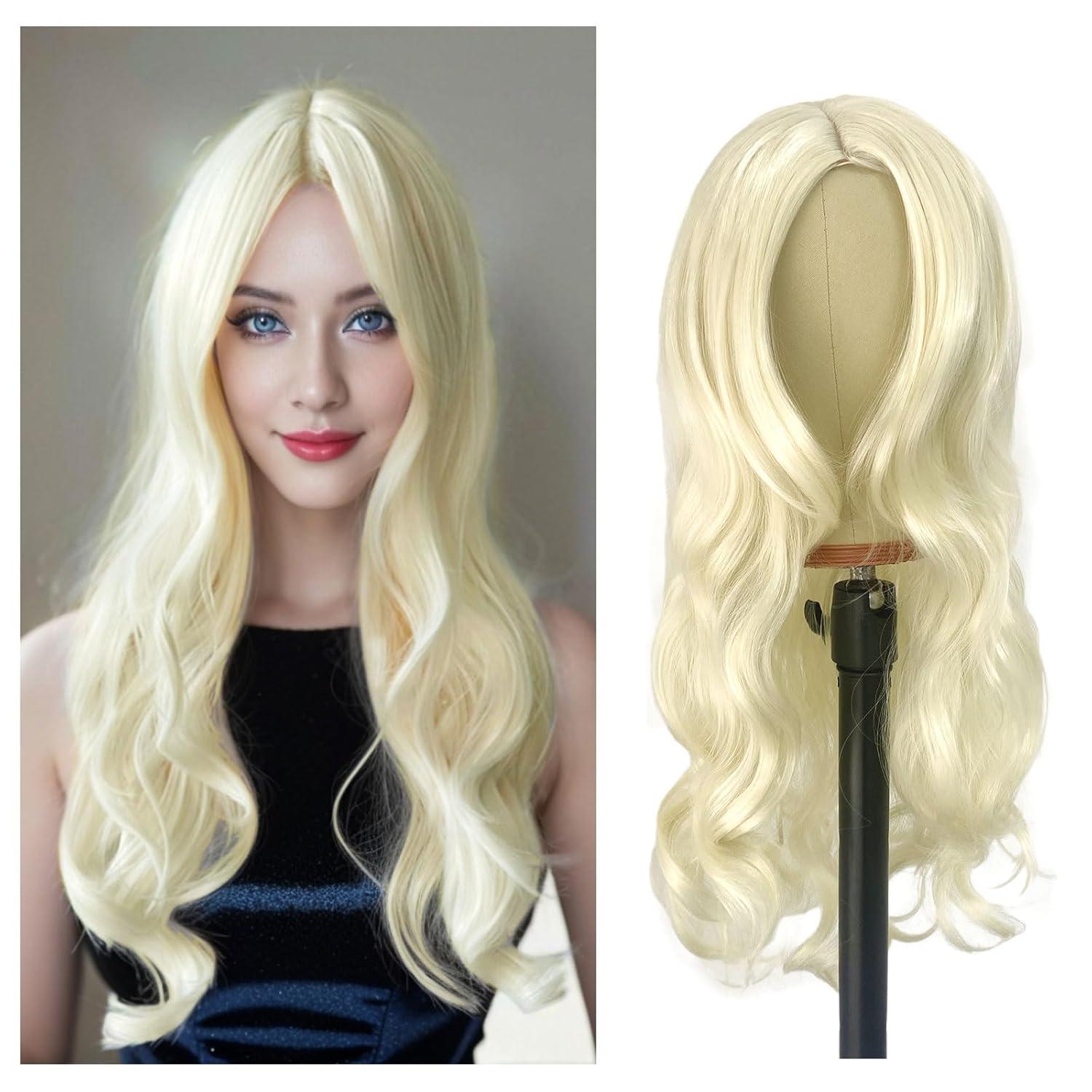Platinblonde Lange Lockige Perücke 27’’ Hitzebeständig Cosplay Karneval