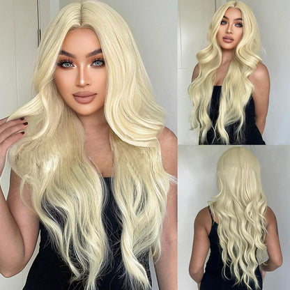 Lange Gewellte Platinblonde Perücke 27’’ Lockig Hitzebeständig Damen Cosplay