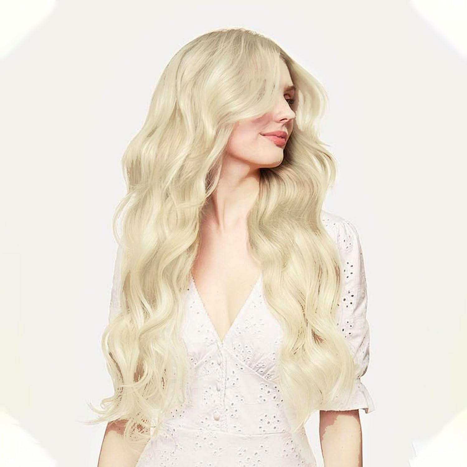 Lange Gewellt Platinblonde Perücke Damen 27’’ Hitzebeständig Volle