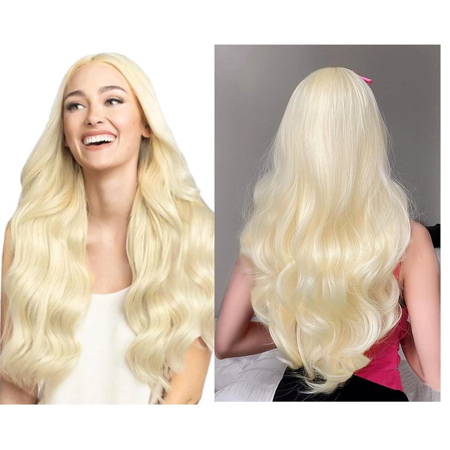 Lange Gewellte Platinblonde Perücke 27’’ Lockig Hitzebeständig Damen Cosplay