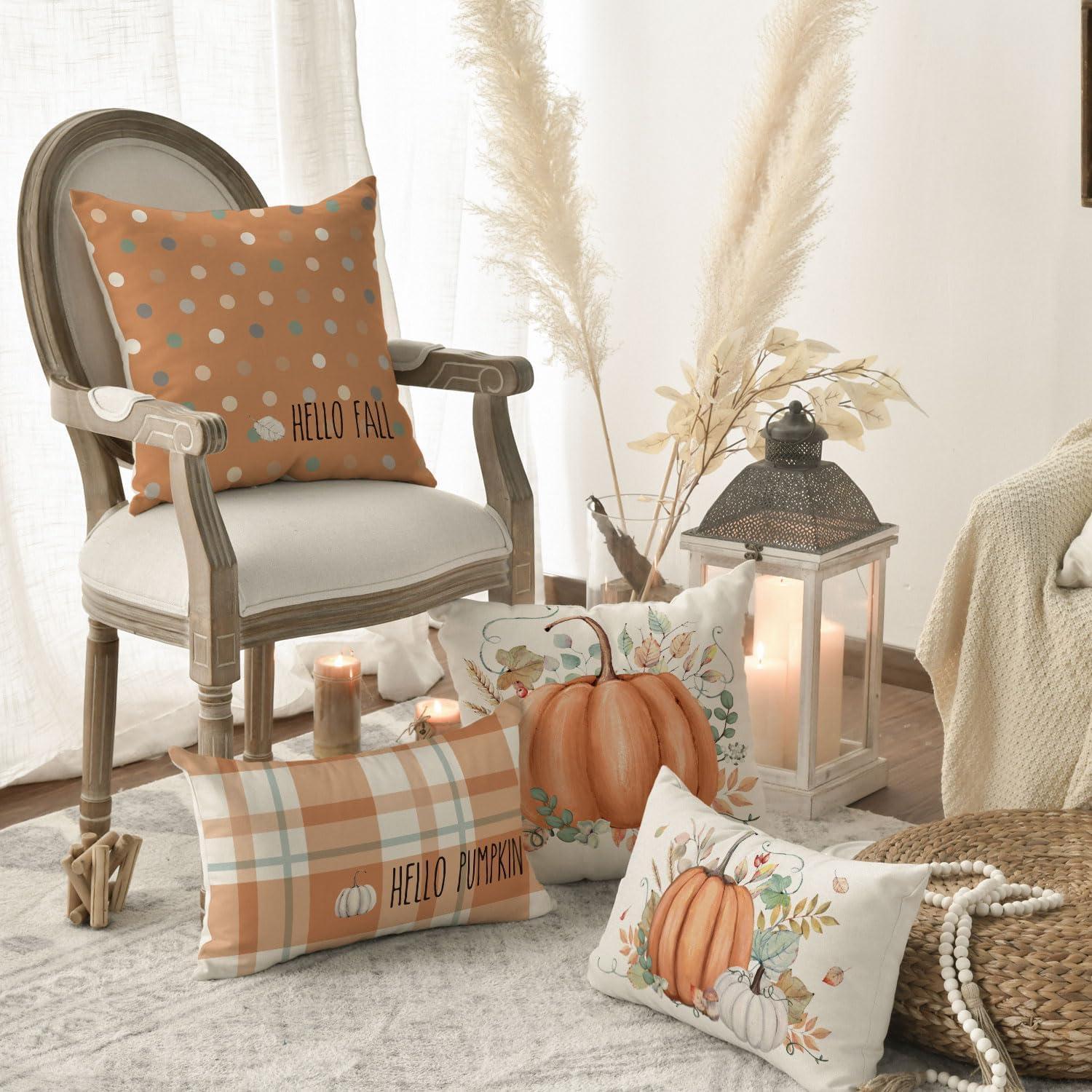 Herbst Kürbisse Eukalyptus Blätter Kissenbezüge 4er Set 30x50cm Orange